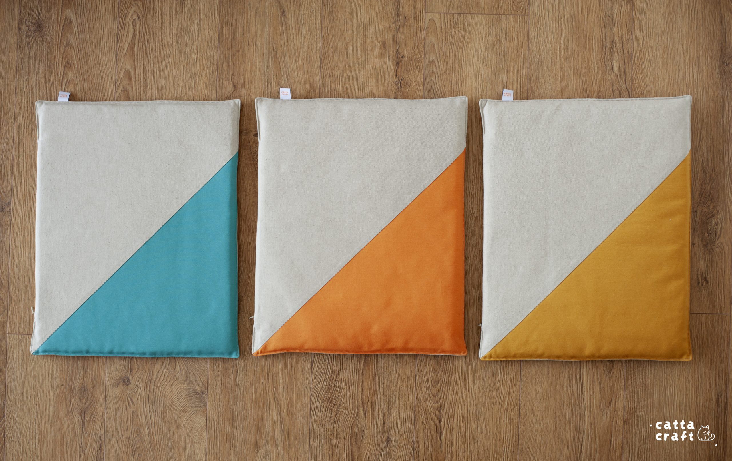 The Flat Bed in sky blue, peach orange and mustard yellow